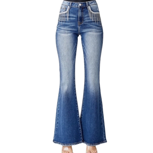 Risen Dolly High Rise Flare Jeans Rhinestones Crystals Tassels - Picture 6 of 14